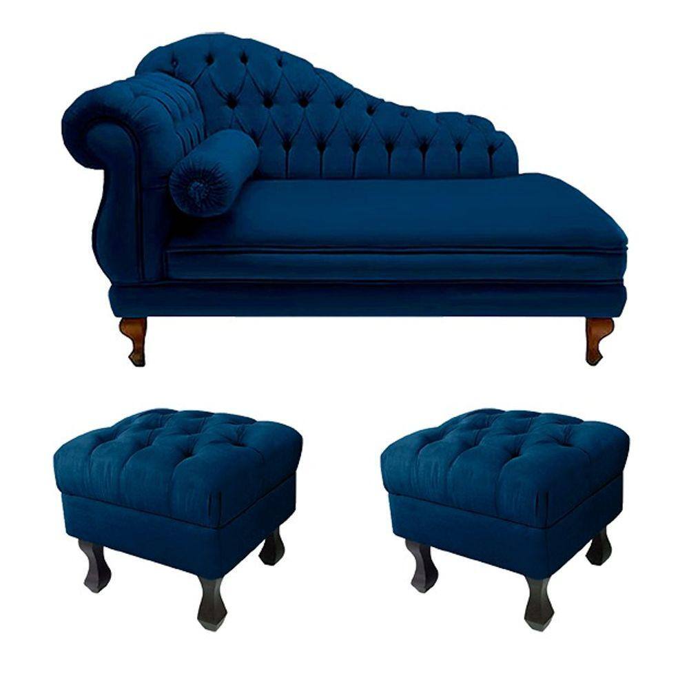 Divã Recamier Namoradeira Larissa 150cm + 2 Puffs Retrô Suede Azul Marinho - LM DECOR