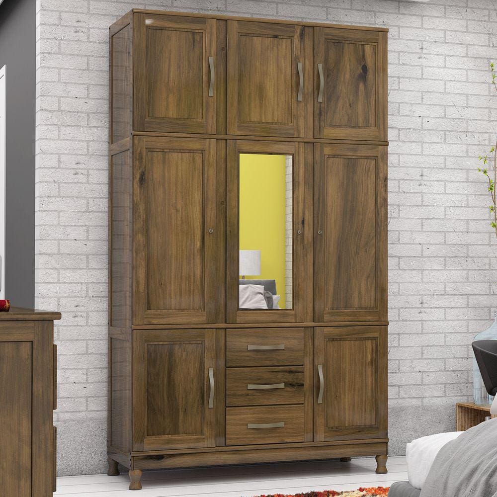 Guarda-Roupa Solteiro Paris 8 Portas 3 Gavetas  com Espelho Madeira Maciça Castanho 365 - Lanes