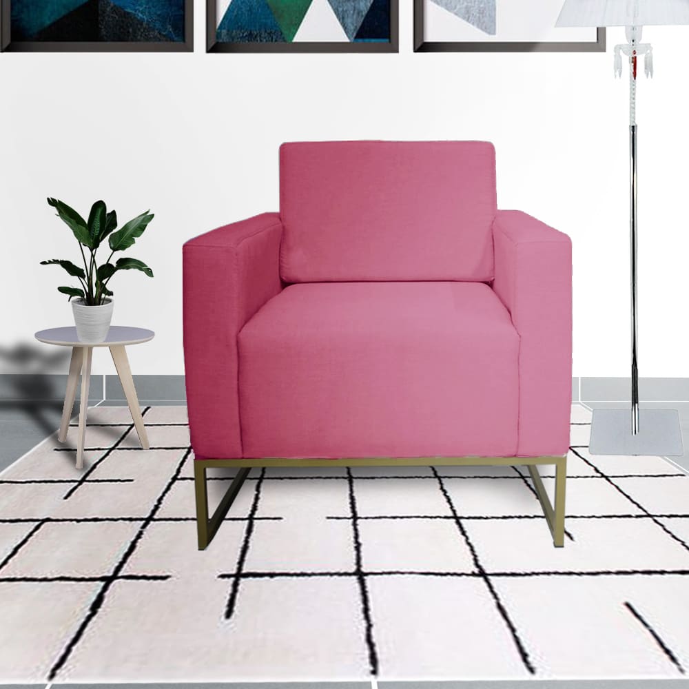 Poltrona Estofada Com Base de Ferro Para Sala de Estar Leticia Pé Ferro Suede Rosa Barbie - LM DECOR
