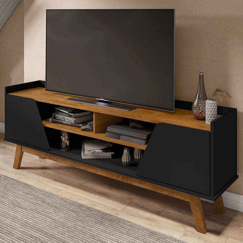 Rack para TV Até 65 Polegadas Turim 2 Portas 1 Prateleira Preto Fosco/Nature - Bechara