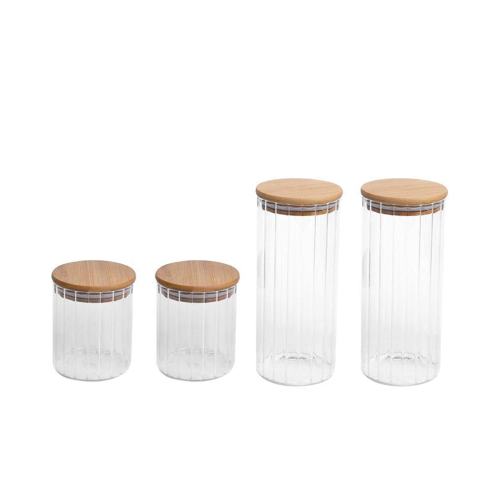 Kit 4 potes vidro herméticos para mantimentos canelado com tampa de bambu - Oikos