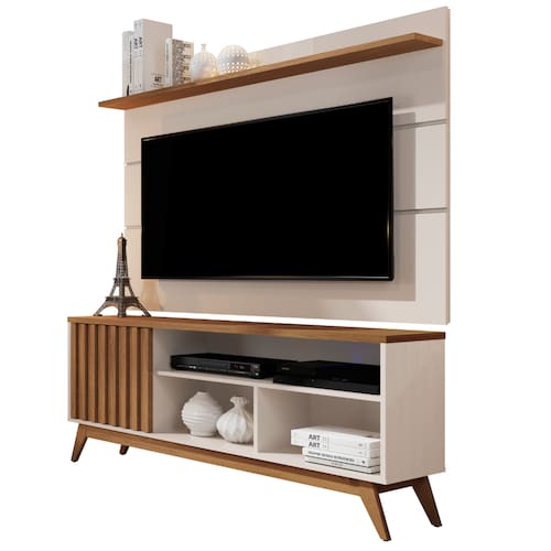 Rack com Painel TV até 55" Ripado Sala Pequena 1 Porta Off White Nature Malbec Wood