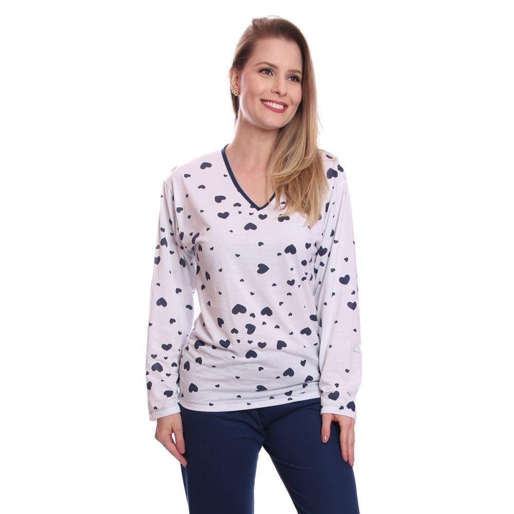 Pijama Feminino Longo Comprido Inverno Gola V De Frio Adulto
