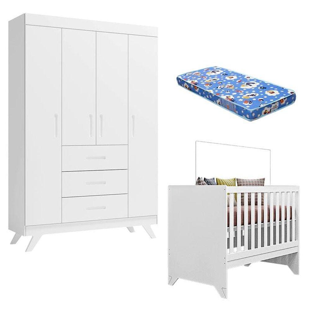 Berço Americano e Guarda Roupa Retro Maya Branco Acetinado com Colchão Ortobom - Canaã