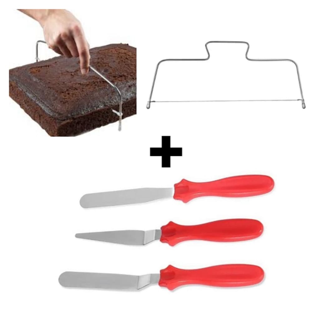 Kit Confete - 3 Espátulas Para Confeitaria Artística Decorar Bolo + 1 Nivelador/ Cortador de Bolos