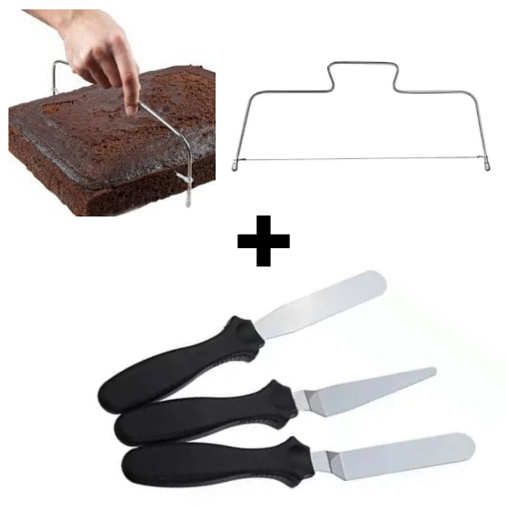 Kit Confete - 3 Espátulas Para Confeitaria Artística Decorar Bolo + 1 Nivelador/ Cortador de Bolos
