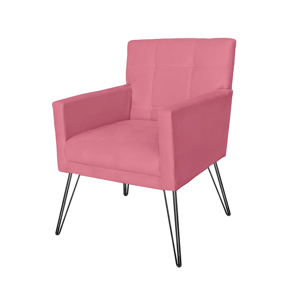 Poltrona Estofada Para Salão de Beleza Pés de Ferro Onix Suede Rosa Barbie - LM DECOR