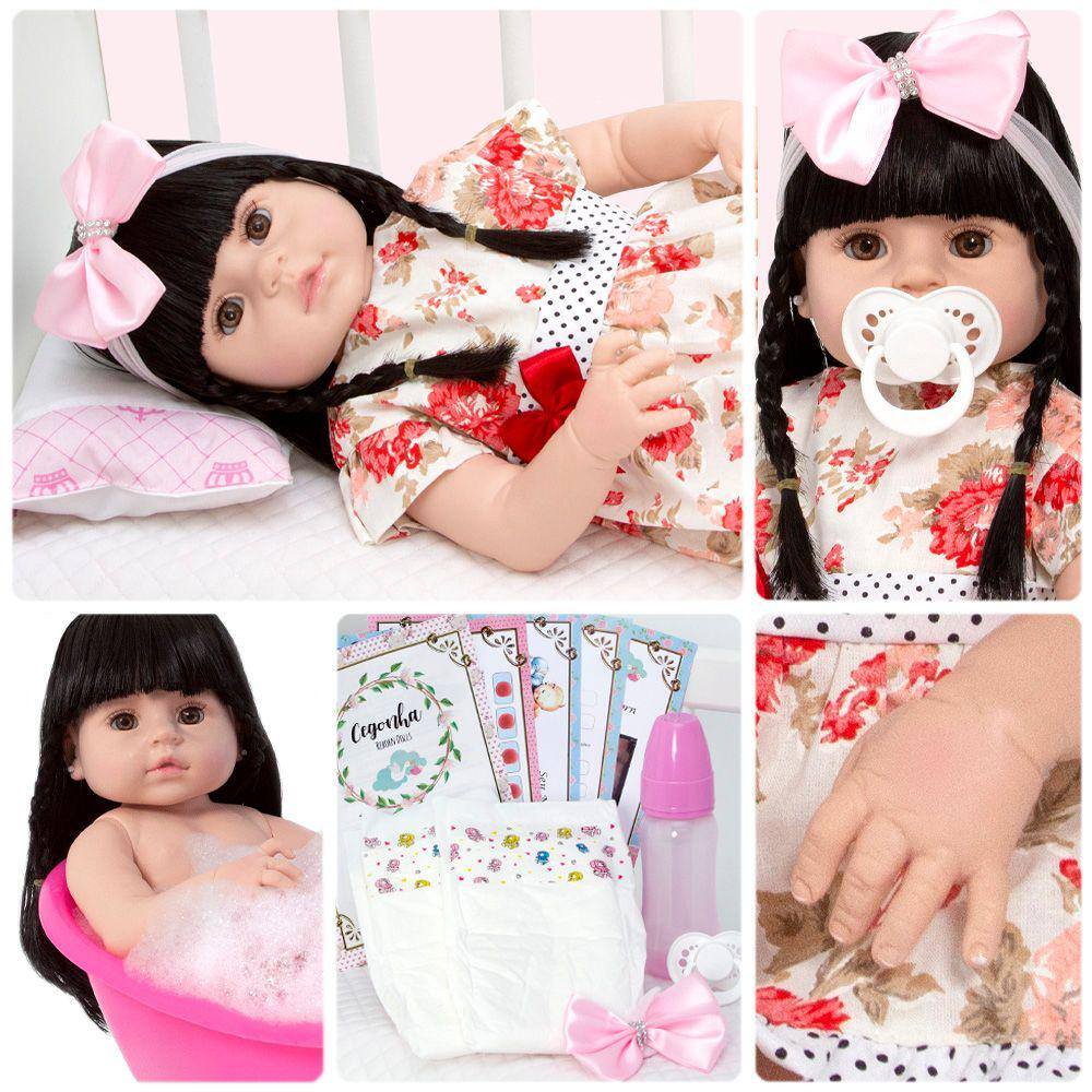 Boneca Bebê Reborn Corpo de Silicone - Baby Menina Vestido Florido