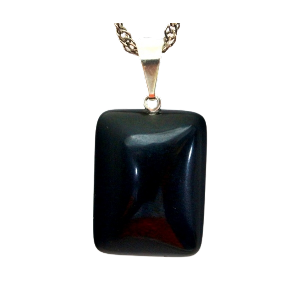 Colar Retangular Liso Obsidiana Negra Pino Prateado