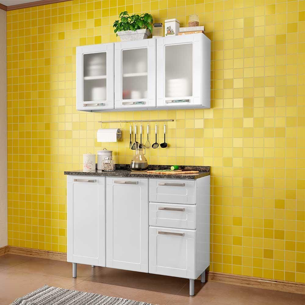 Kit Cozinha de Aço Balcão 3 Portas 2 Gavetas e Armário 3 Portas Vidro Multipla Bertolini Branco