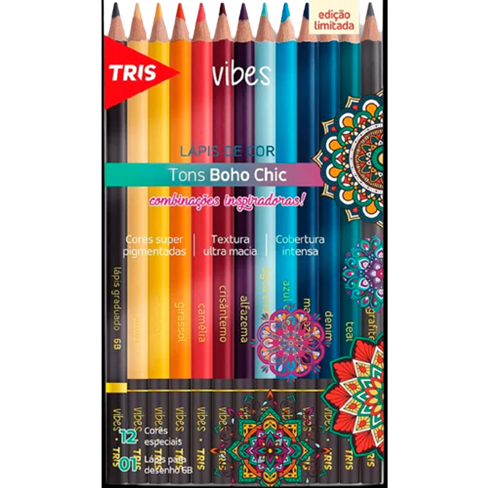 Lápis de cor Tris Vibes tons Boho Chic 12 cores Marca TRIS