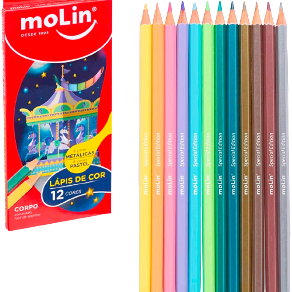Lápis de cor 6 tons Pastel e 6 cores Metálicas Molin