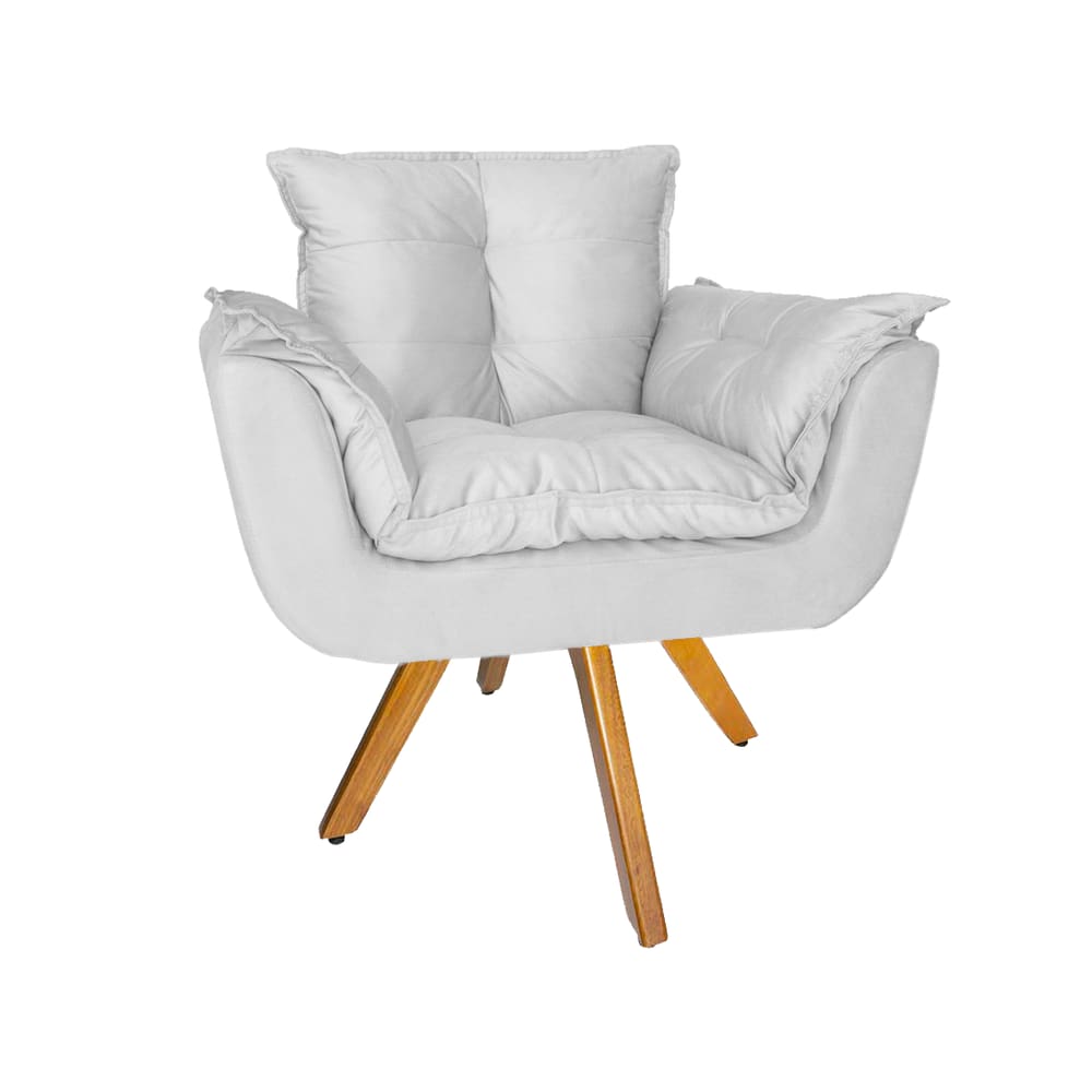 Poltrona Decorativa Com Base Giratória De Madeira Consultório Opala Suede Branco - LM DECOR