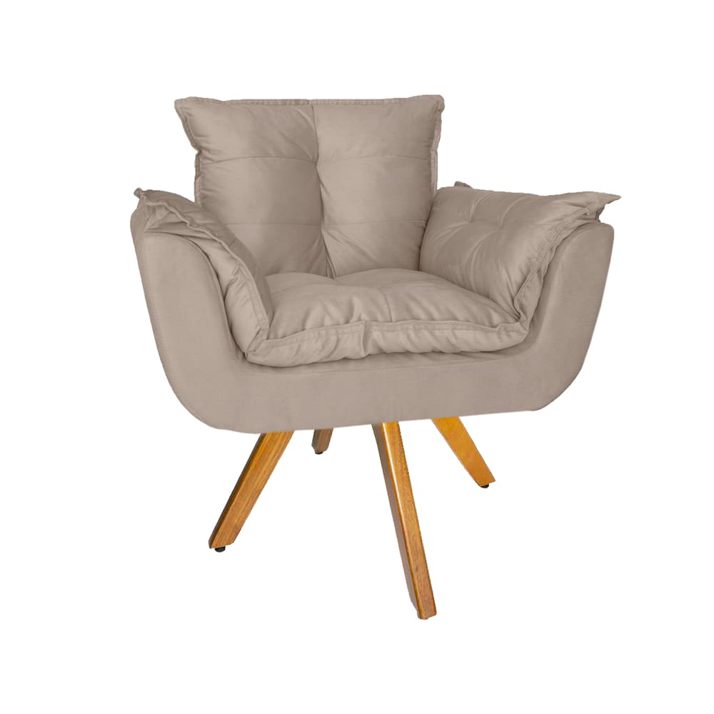 Poltrona Decorativa Com Base Giratória De Madeira Para Recepção Opala Suede Bege - LM DECOR