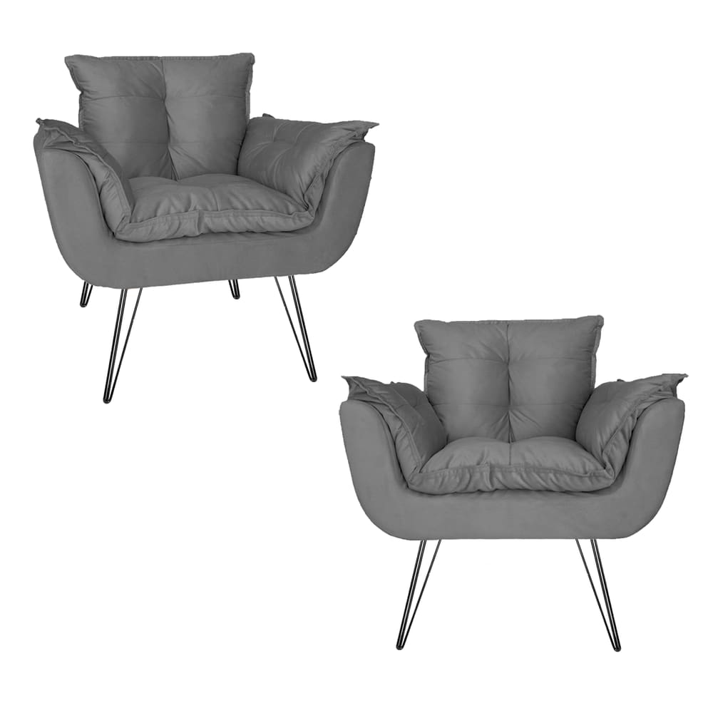 Combo 2 Poltronas Estofadas Sala Comercial Pés de Ferro Opala Suede Cinza - LM DECOR
