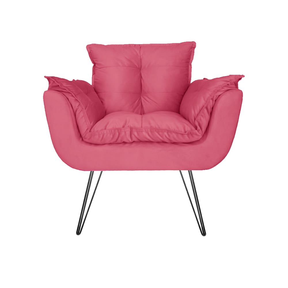 Poltrona Estofada Para Hall de Entrada Com Pés de Ferro Opala Suede Rosa Barbie - LM DECOR