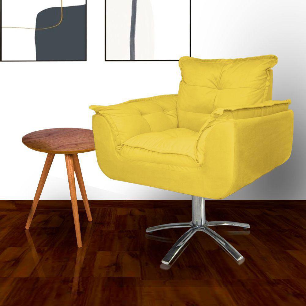 Poltrona Estofada Com Base Giratória de Metal Opala Suede Amarelo - LM DECOR