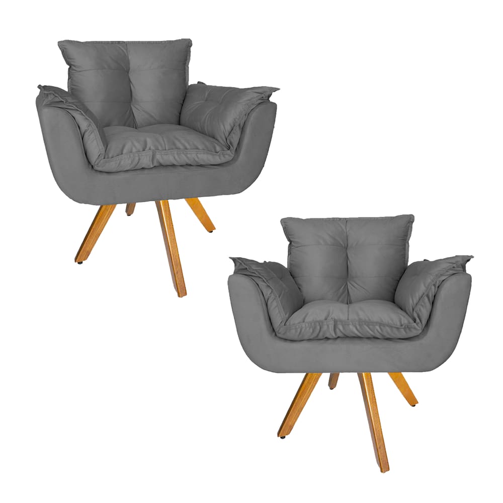 Combo 2 Poltrona Decorativa Base Giratória De Madeira Salão Opala Suede Cinza - LM DECOR