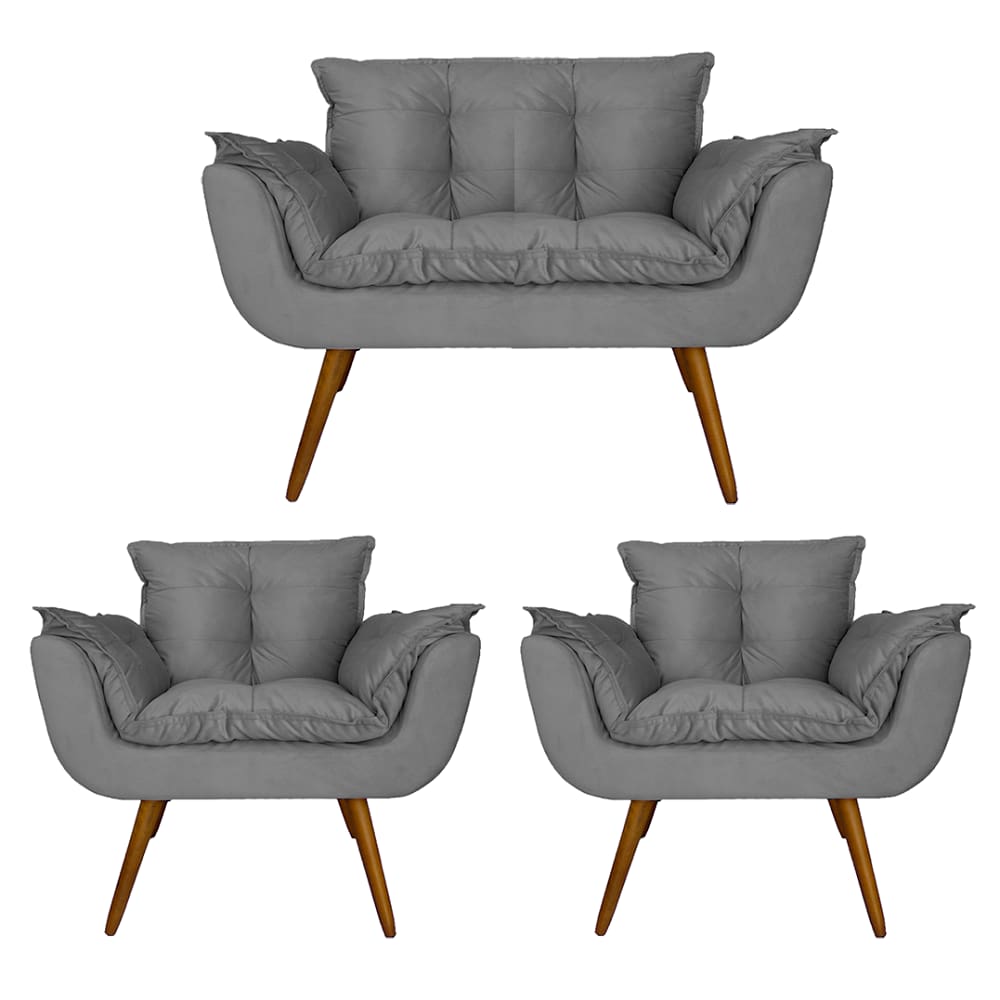 Combo Namoradeira e 2 Poltronas Estofadas Salão de Beleza Opala Suede Cinza - LM DECOR