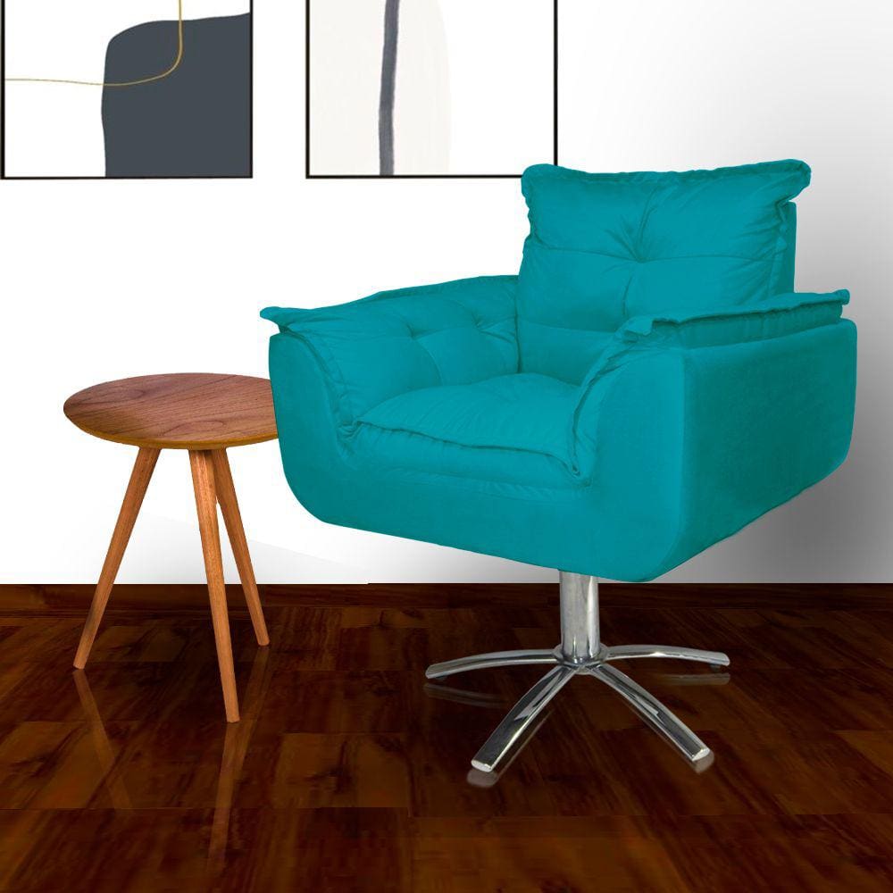 Poltrona Estofada Com Base Giratória de Metal Opala Suede Azul Turquesa - LM DECOR