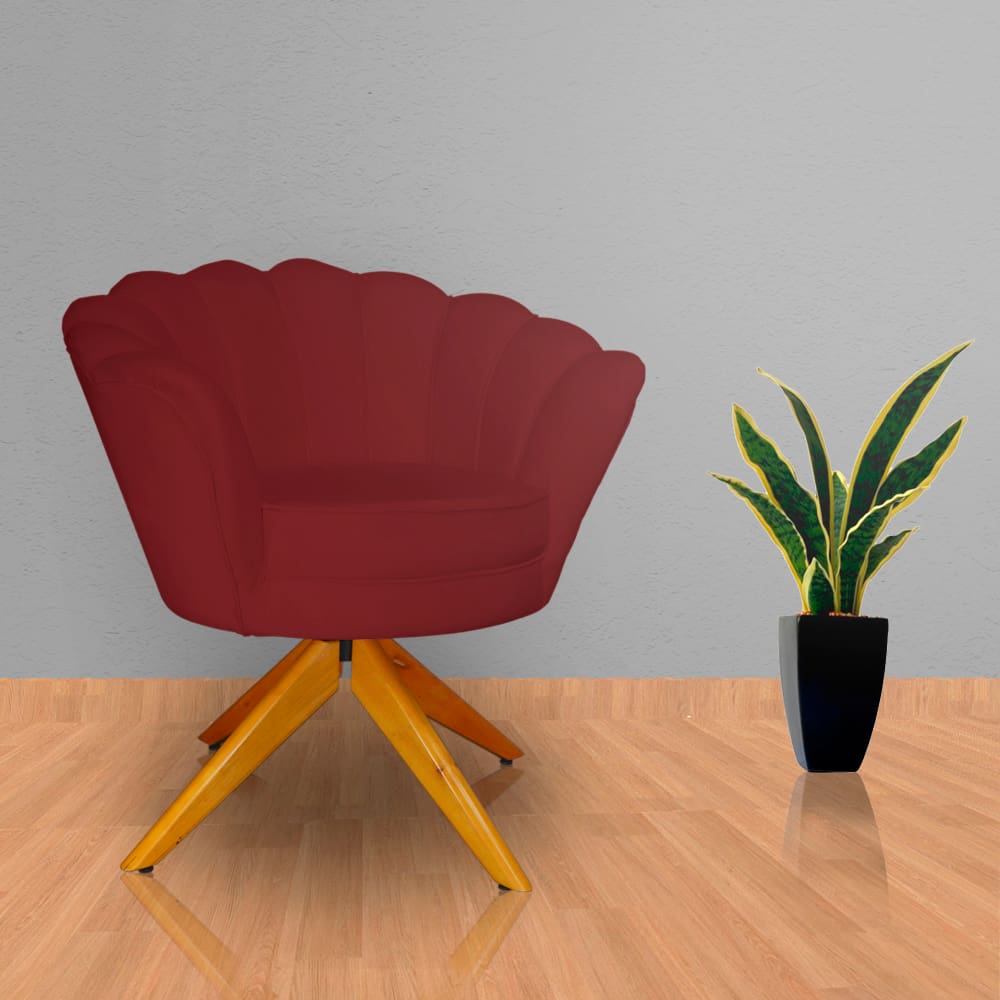 Poltrona Para Escritório Com Base Giratória de Madeira Pétala Suede Vermelho Bordo - LM DECOR