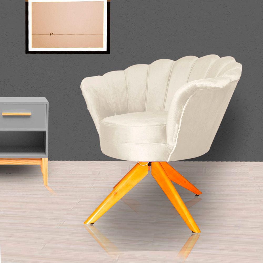 Poltrona Para Escritório Com Base Giratória de Madeira Pétala Veludo Bege - LM DECOR