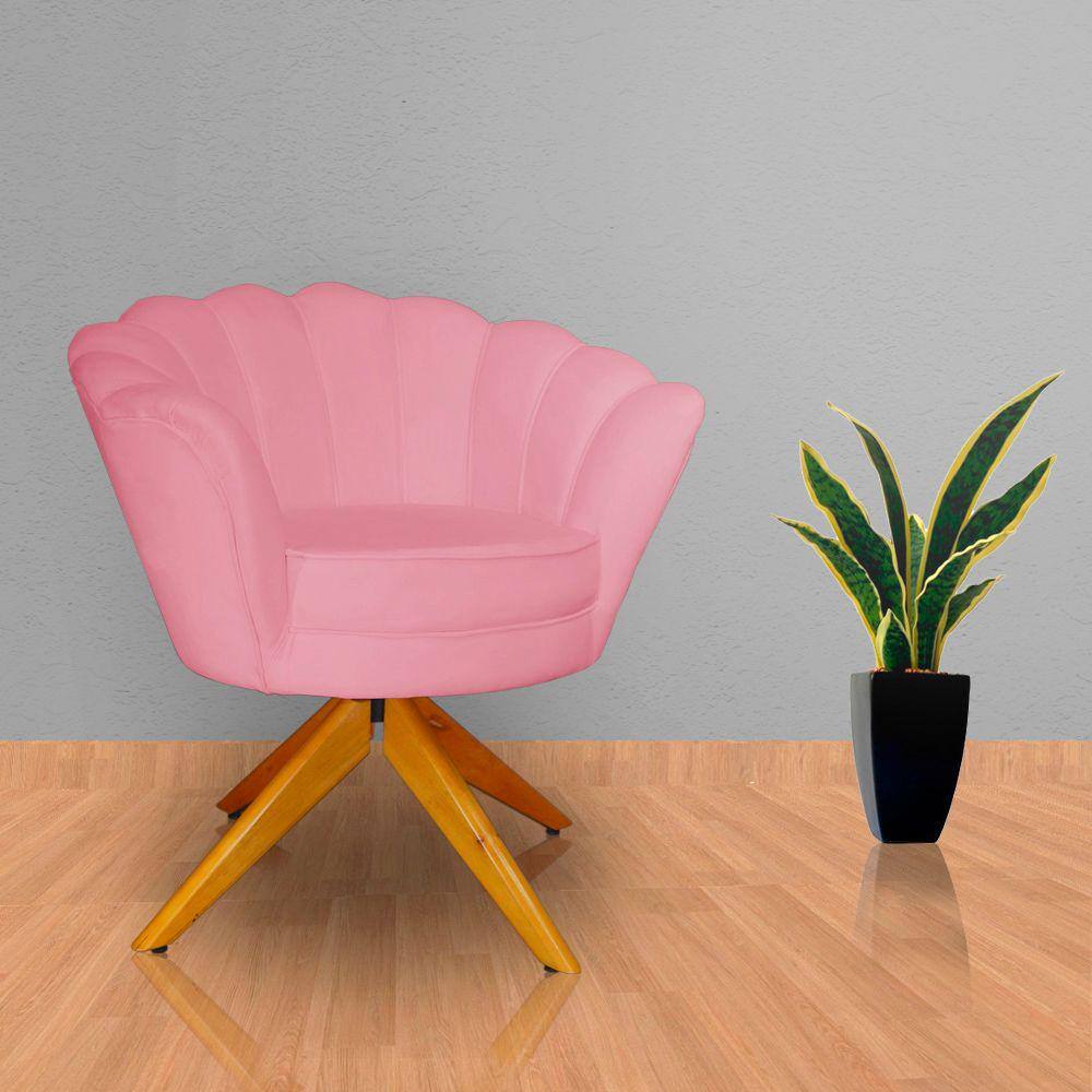 Poltrona Para Escritório Com Base Giratória de Madeira Pétala Suede Rosa Barbie - LM DECOR