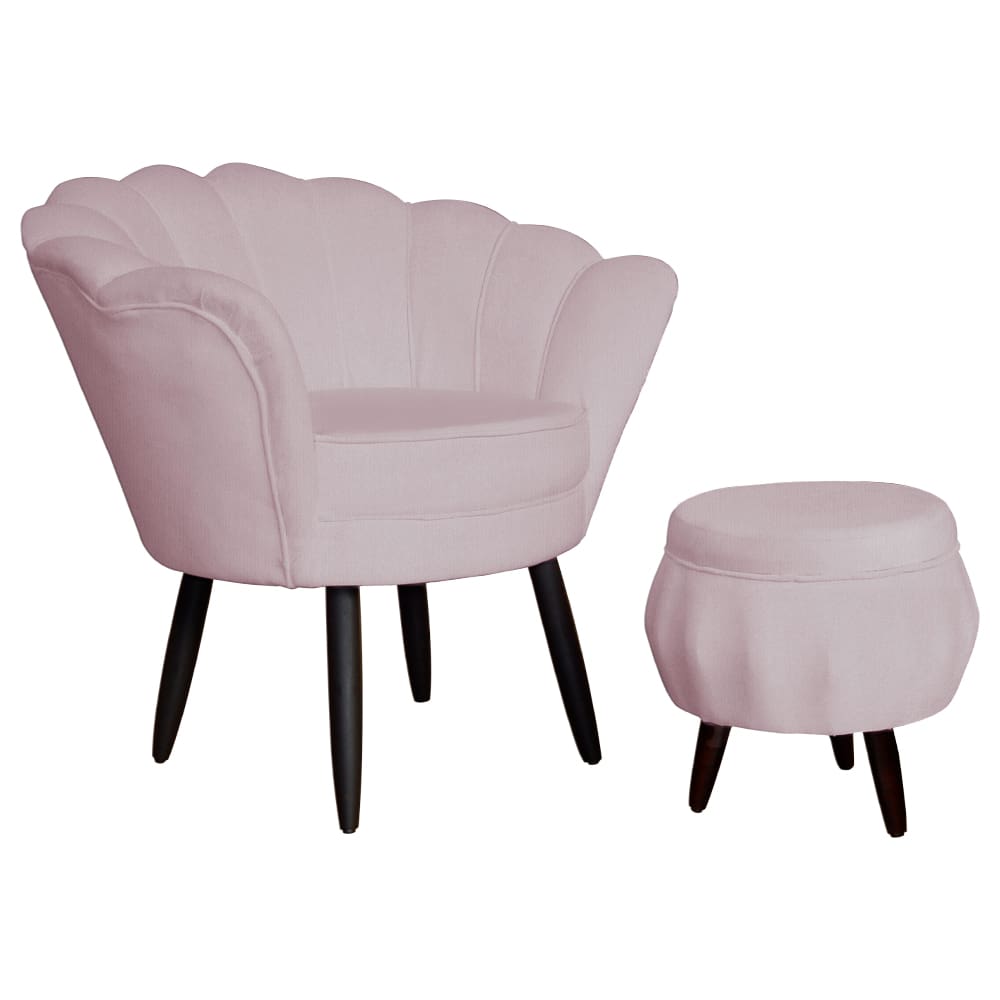 Kit 1 Poltrona Com 1 Puff Pés Palito Salão de Beleza Pétala Suede Rose - LM DECOR