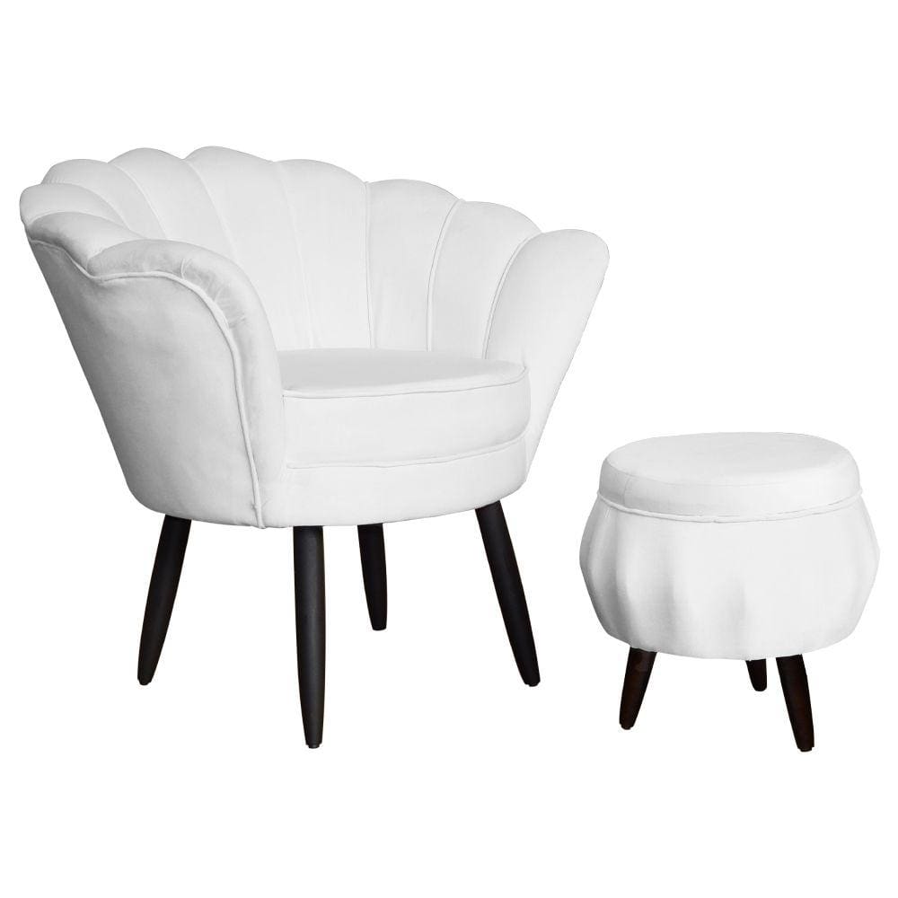Combo Poltrona Decorativa E Puff Para Recepção Pétala Suede Branco - LM DECOR