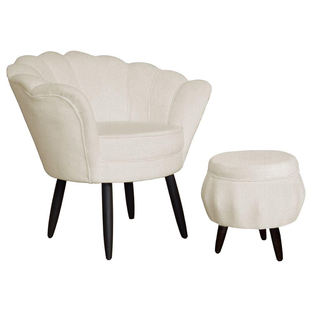 Combo Poltrona Decorativa E Puff Para Recepção Pétala Suede Bege - LM DECOR