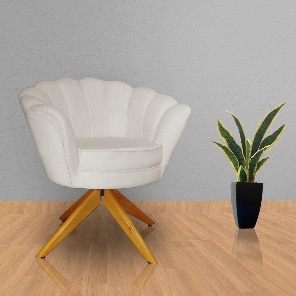 Poltrona Para Escritório Com Base Giratória de Madeira Pétala Suede Bege - LM DECOR