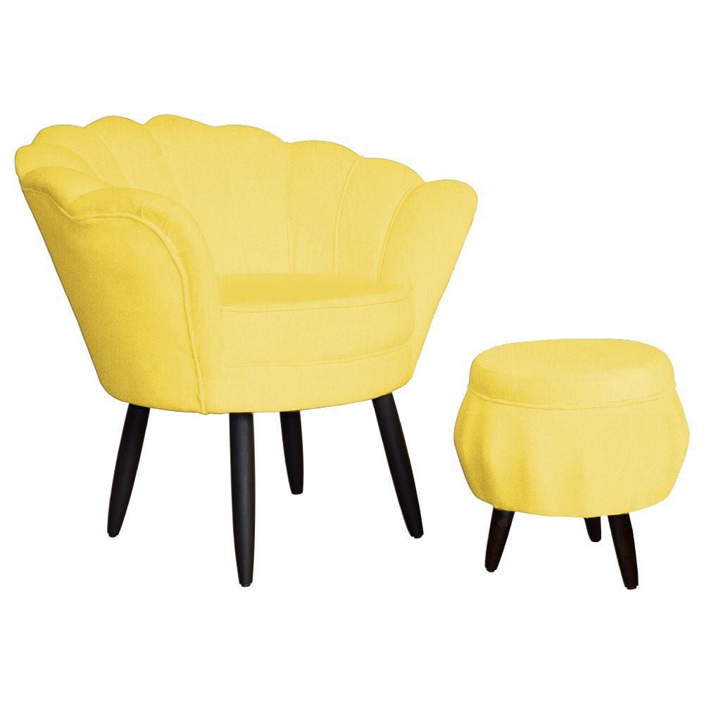Combo Poltrona Decorativa E Puff Para Recepção Pétala Suede Amarelo - LM DECOR