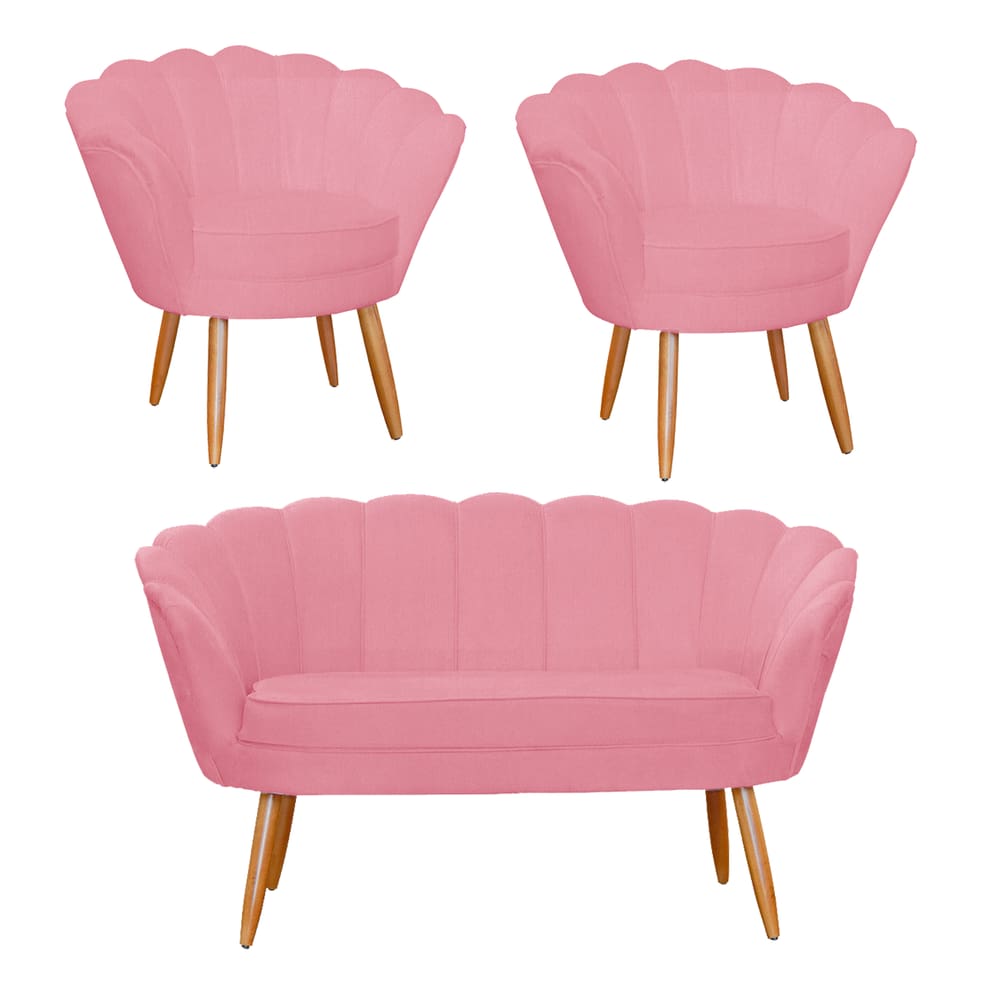 Conjunto Pétala Namoradeira e 2 Poltronas Para Sala de Estar Suede Rosa Barbie - LM DECOR