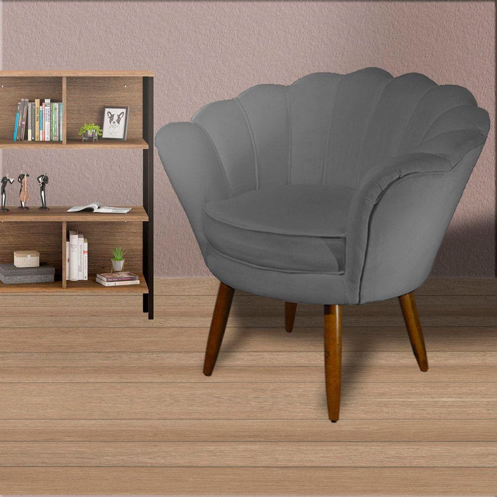 Poltrona Decorativa Estofada Para Quarto Closet Pétala Suede Cinza - LM DECOR