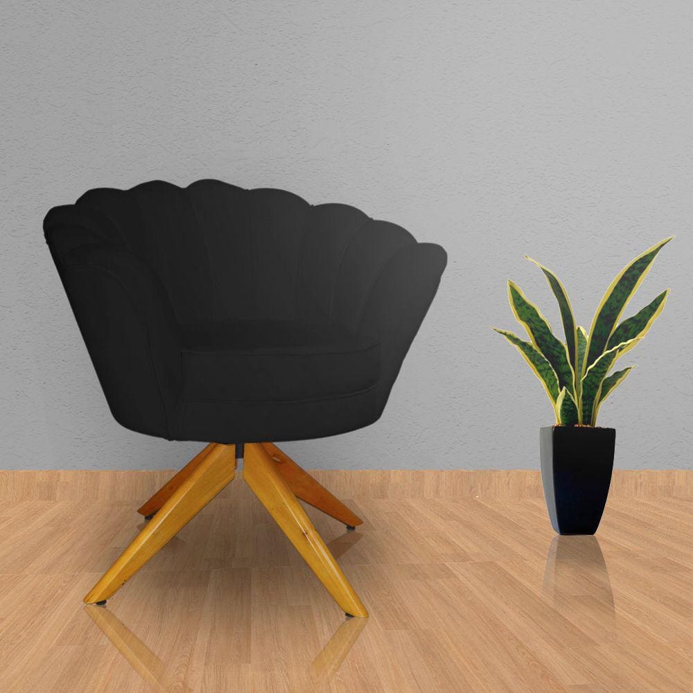 Poltrona Estofada Sala de Estar Base Giratória de Madeira Pétala Suede Preto - LM DECOR