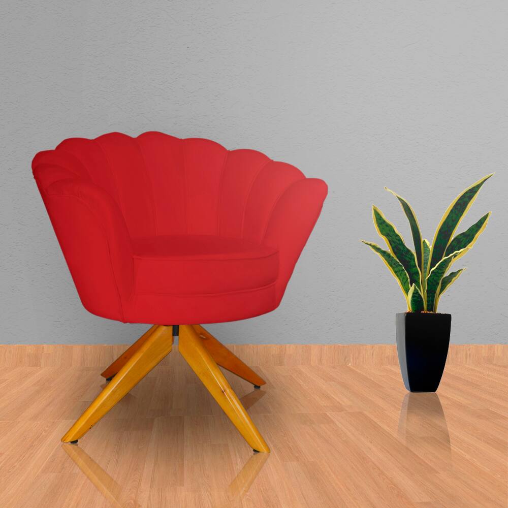 Poltrona Para Escritório Com Base Giratória de Madeira Pétala Suede Vermelho - LM DECOR