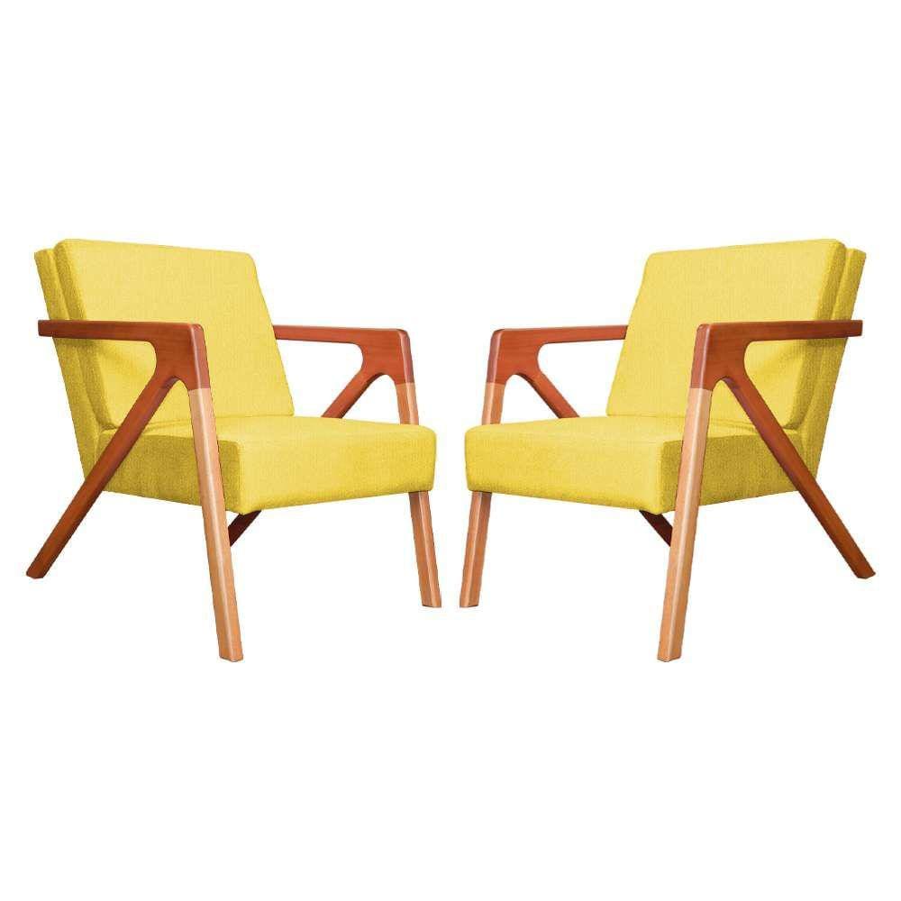 Conjunto 2 Poltronas Monalisa Com Braços de Madeira Corano Amarelo - LM DECOR
