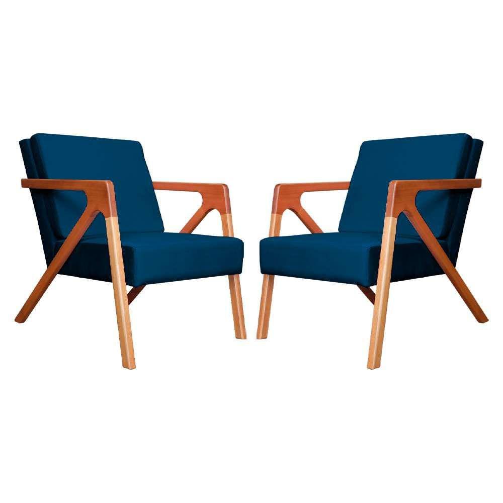 Conjunto 2 Poltronas Monalisa Com Braços de Madeira Veludo Azul Marinho - LM DECOR