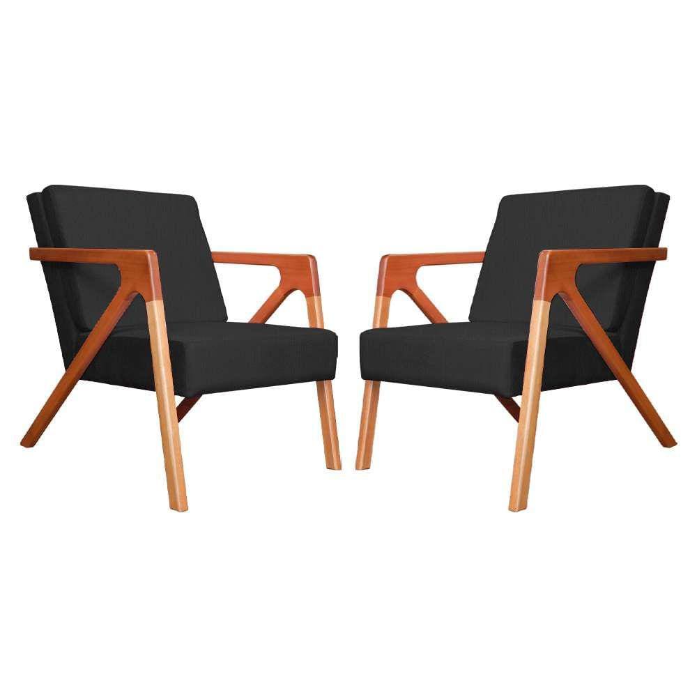 Conjunto 2 Poltronas Monalisa Com Braços de Madeira Corano Preto - LM DECOR