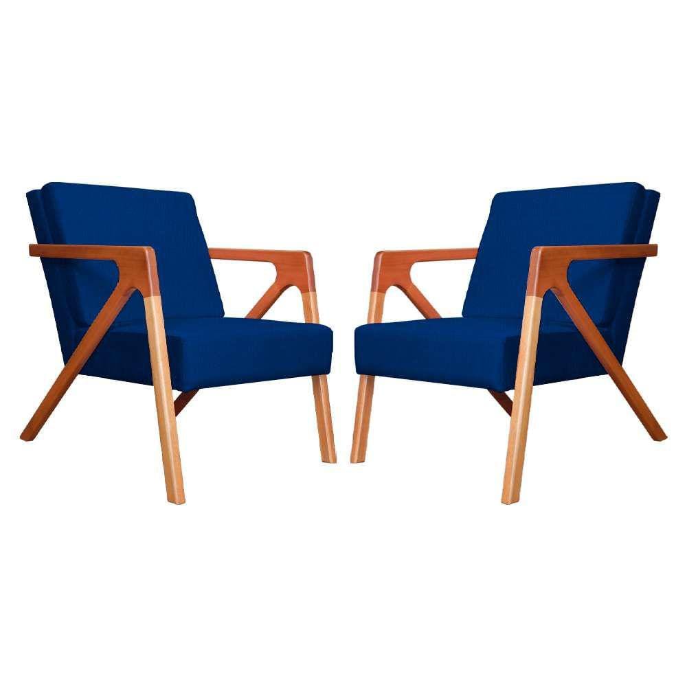 Conjunto 2 Poltronas Monalisa Com Braços de Madeira Suede Azul Marinho - LM DECOR