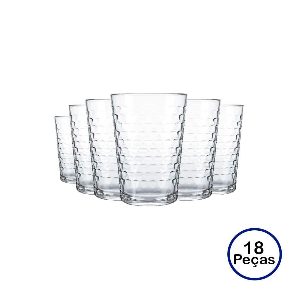 Jogo de Copos Batuque 265ml 18 Unidades Vidro Transparente Nadir