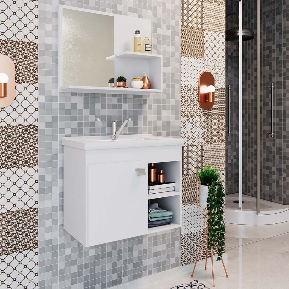 Gabinete Banheiro com Pia e Espelheira 55 cm Bia MGM Branco - 100% MDF