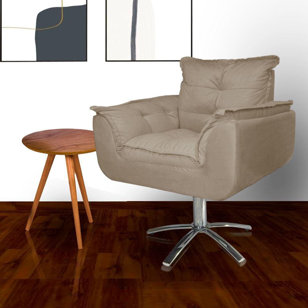 Poltrona Decorativa Estofada Base Giratória de Metal Opala Suede Cappuccino - LM DECOR