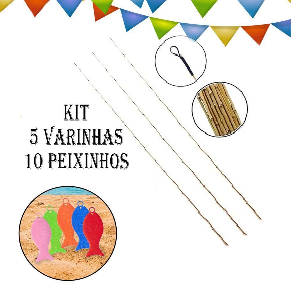 Kit 5 Varinhas C 10 Peixinhos Festa Junina Pescaria São João