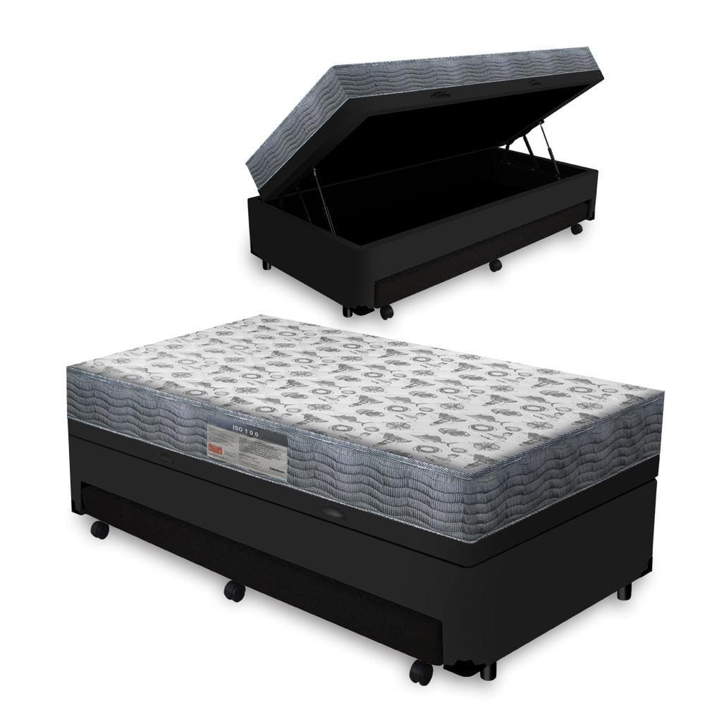 Cama Box Baú e Auxiliar Solteiro Preta + Colchão D33 Ortobom - ISO 100 - 88x188x60cm