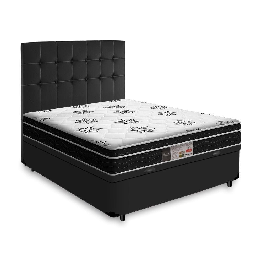 Box Baú + Cabeceira Cassis e Colchão Casal - Ortobom - Physical Nanolastic - 138x188x65cm Preto
