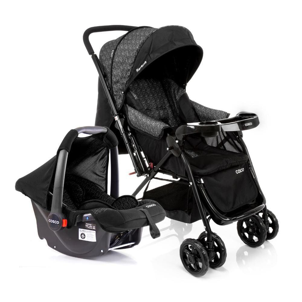 Carrinho de Bebe Travel System Duo Reverse Preto Rajado com Bebê Conforto - Cosco Kids