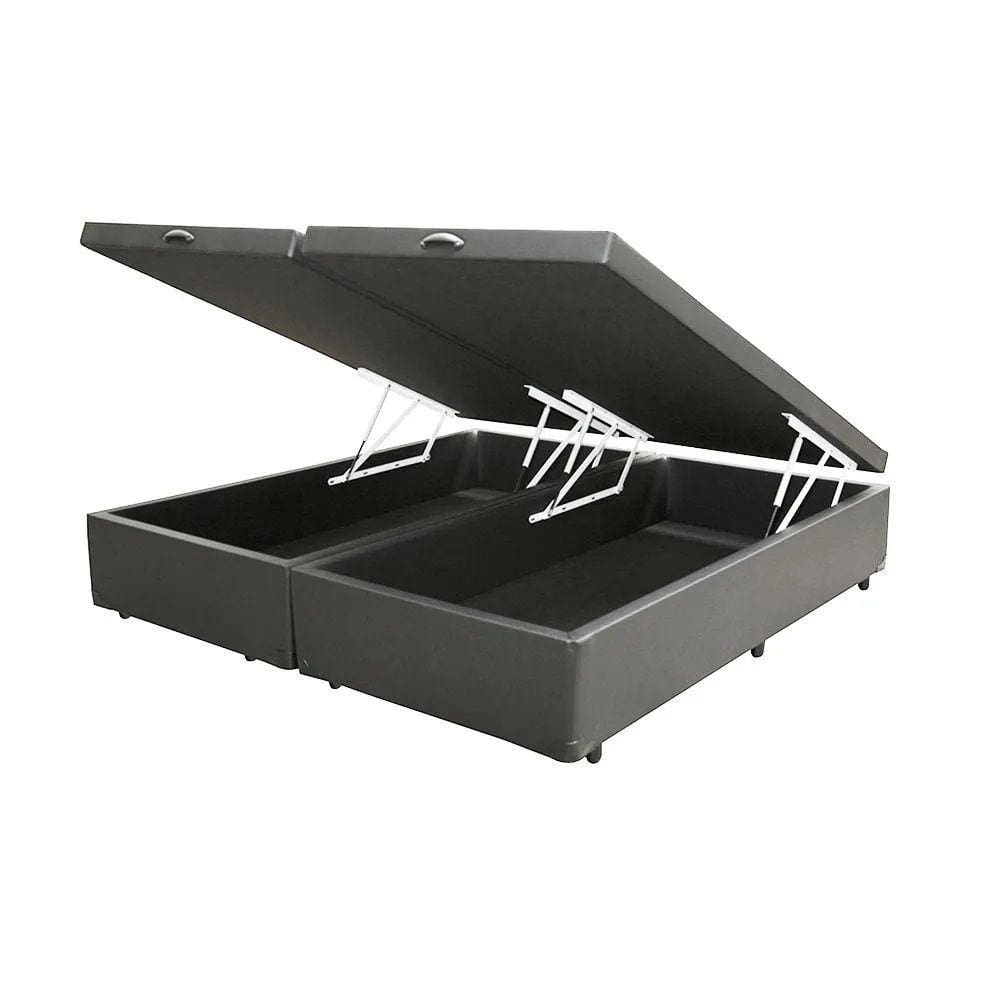Base Cama Box Baú Blindado Bipartido King Size Couro Sintético Cinza 43x193x203