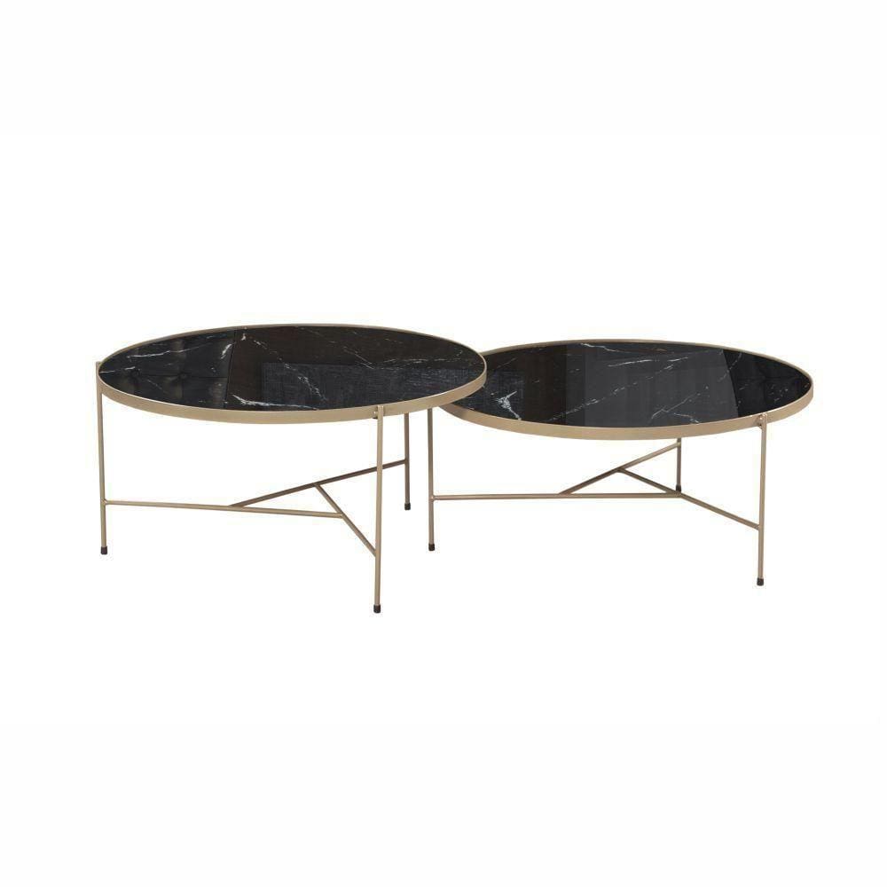 Conjunto Mesa De Centro Itália Tampo Marmorizado E Pés Metal Champanhe