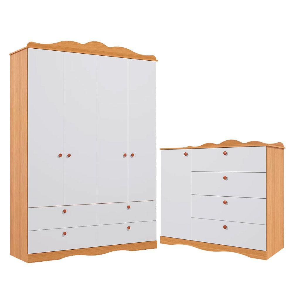 Quarto de Bebê Completo com Cômoda e Guarda Roupa 100% MDF Encanto Permóbili Baby Nature/Branco